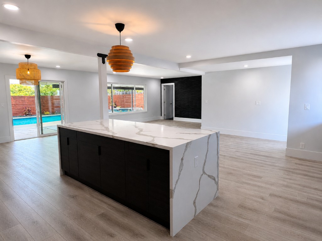 Kitchen opening to the dining area