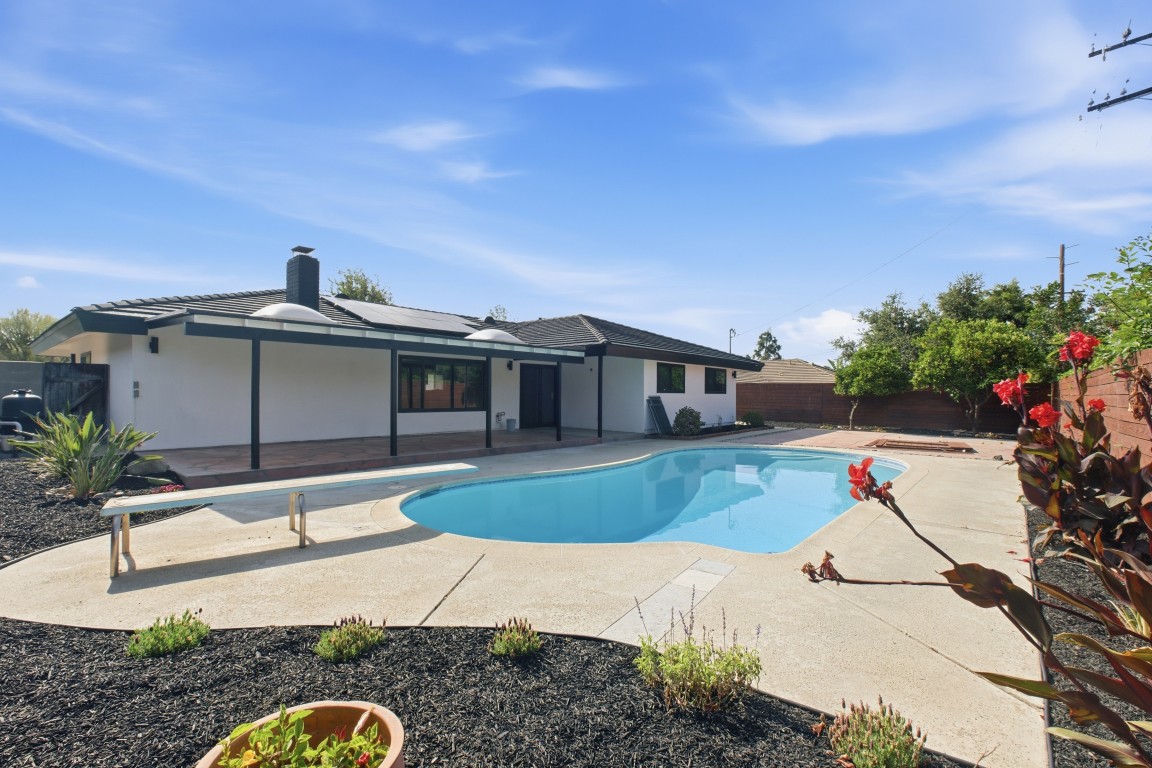 Restored kidney-shaped pool with the rear elevation of the home and flowering canna beyond